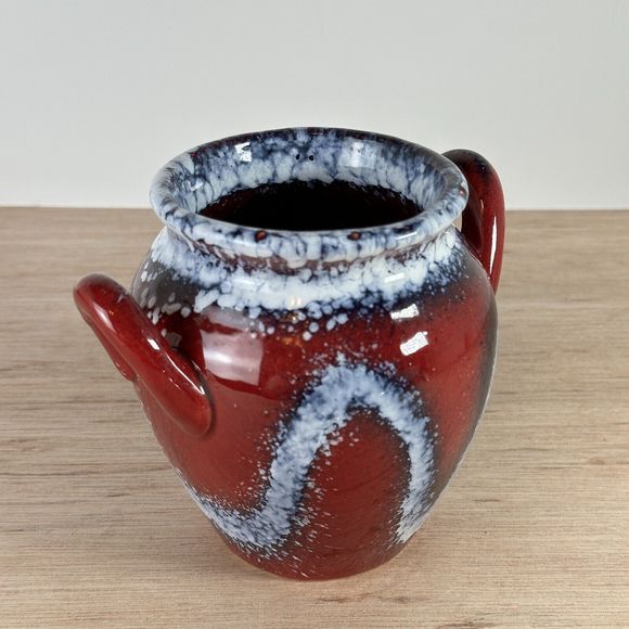 Studio Art Pottery Vase Two Handles Red Navy White Drip Glaze Splatter Squiggly - Picture 2 of 14